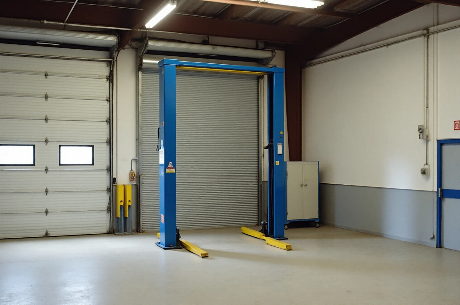 Interior de un taller vacío con piso de cemento y un box